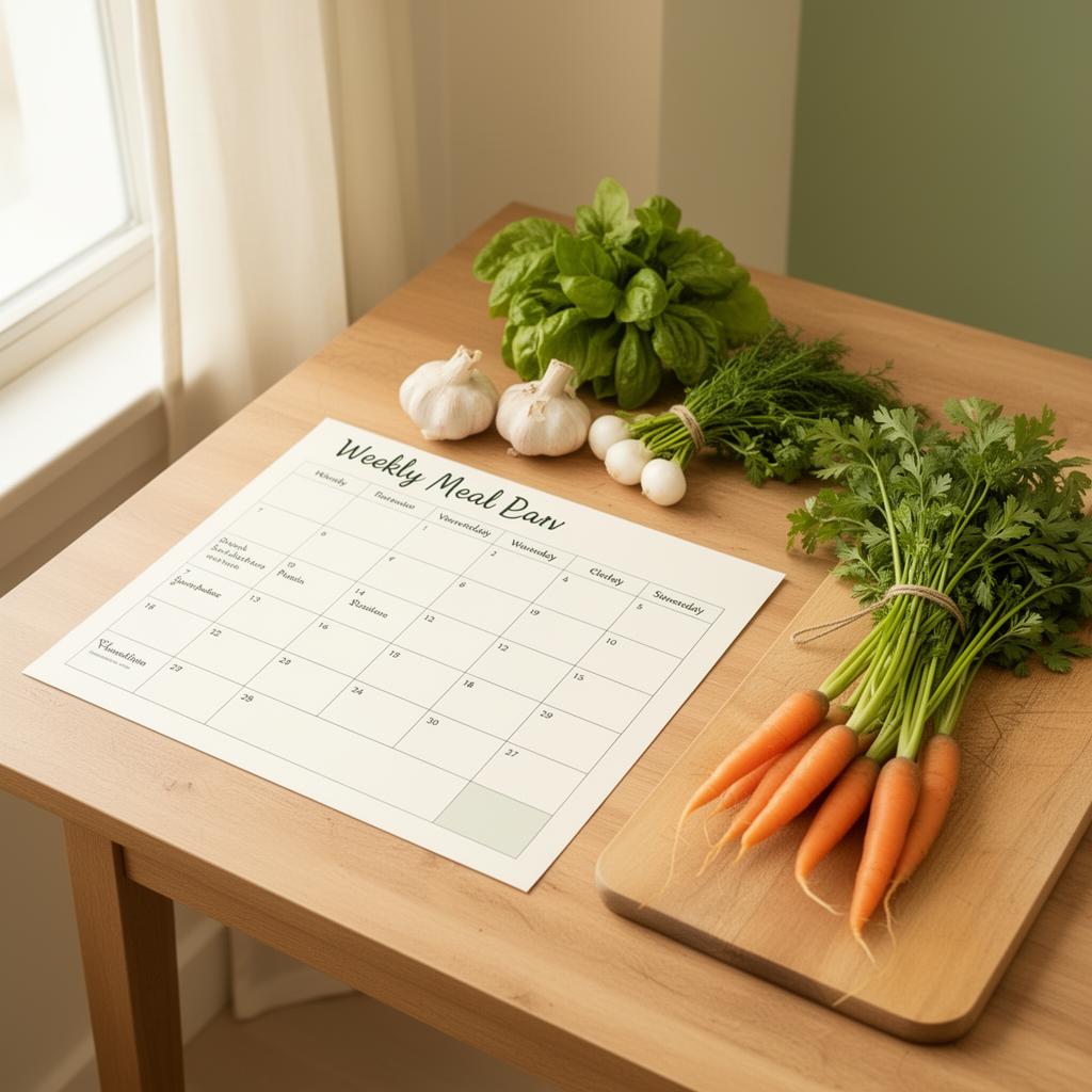Fresh ingredients and a meal planner calendar on a wooden table